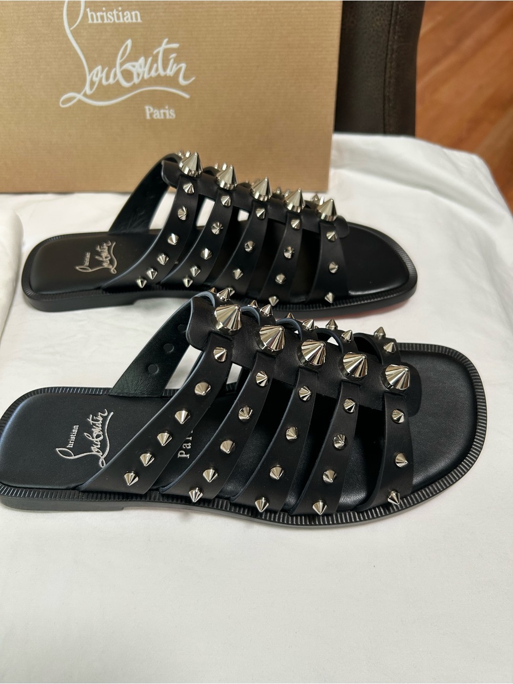 Christian Louboutin Charja Black Studded Multi-Strap Slide Sandals NIB - Picture 3 of 7